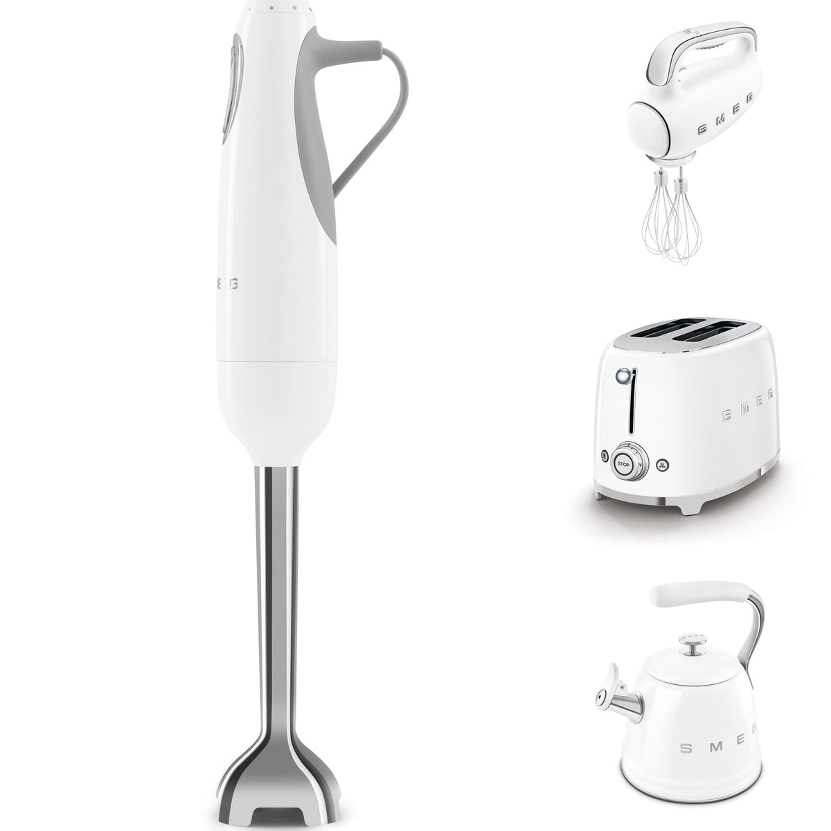 Weißes Smeg Küchenset (Wasserkocher, 2-Scheiben-Toaster, Stabmixer, Handrührgerät)